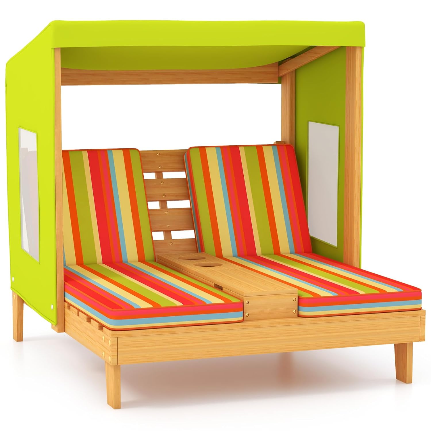 Kids Outdoor Lounge Furniture - Kids Wood Double Chaise Lounge w/Canopy,