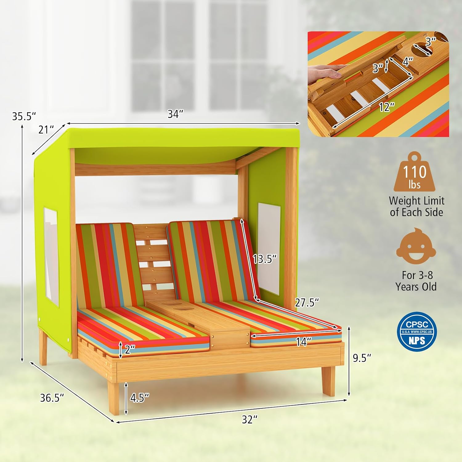 Kids Wood Double Chaise Lounge - Kids Outdoor Lounge Furniture 评论和价格