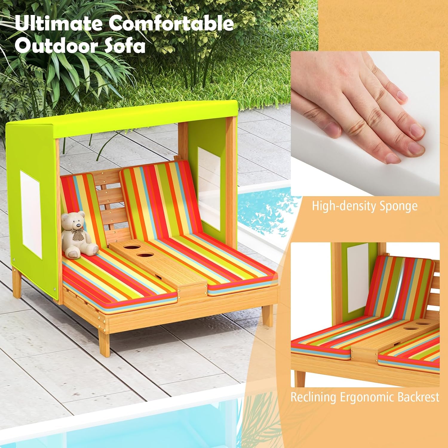 Kids Wood Double Chaise Lounge - Kids Outdoor Lounge Furniture 评论和价格
